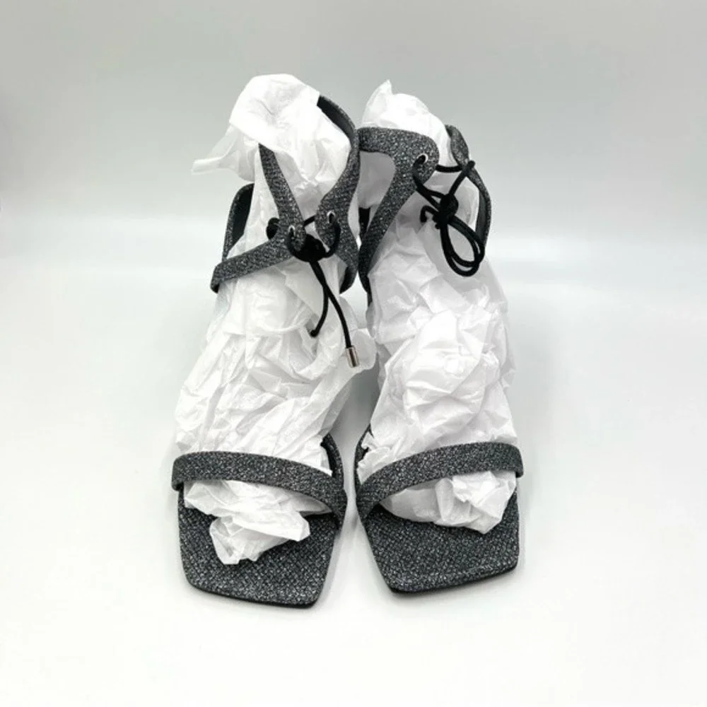 Nine West Size 6.5 Black Silver Sparkly‎ Square Toe Dress Sandals Heels Shoes